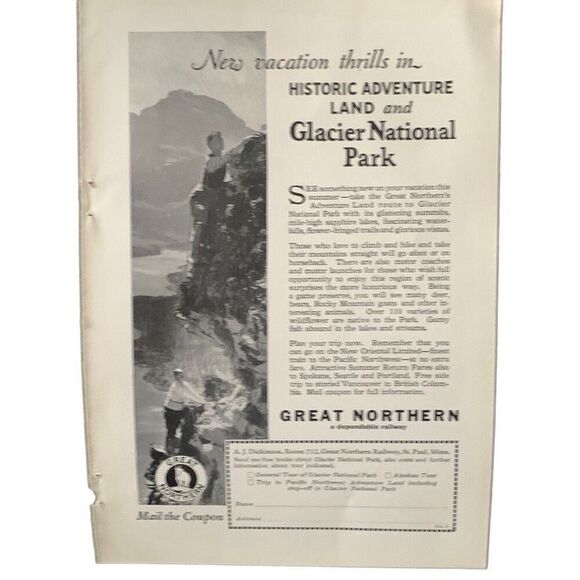 Vintage 1927 Great Northern Glacier National Park Ad Advertisement - Picture 3 of 6